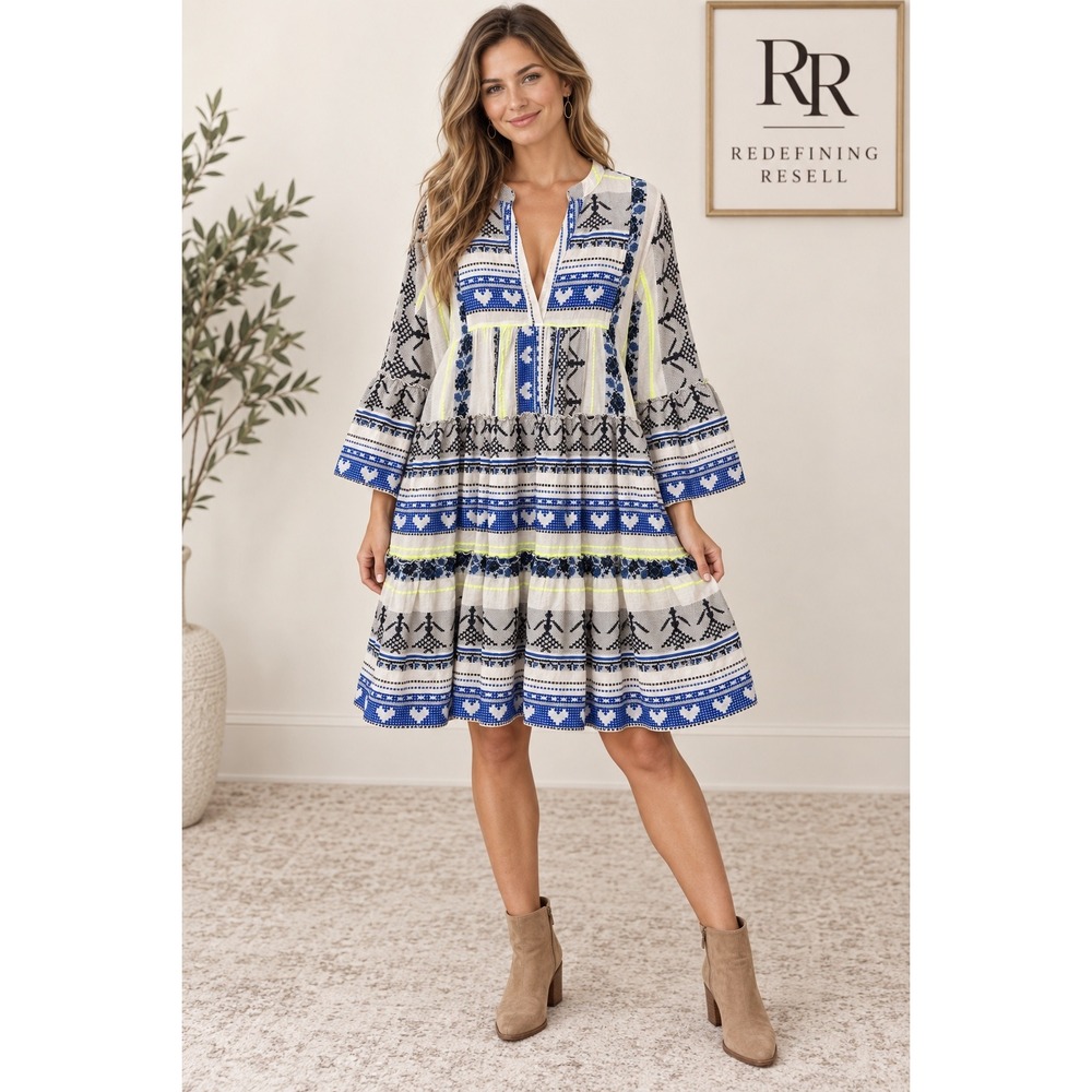Devotion Twins Ella Dress Blue White Neon Yellow Embroidered Tiered Tunic Medium
